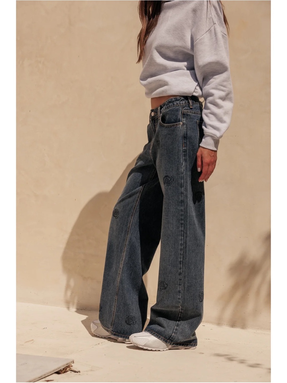 Rose Rhinestone Low Rise Slouchy Jean - Picture 3 of 13